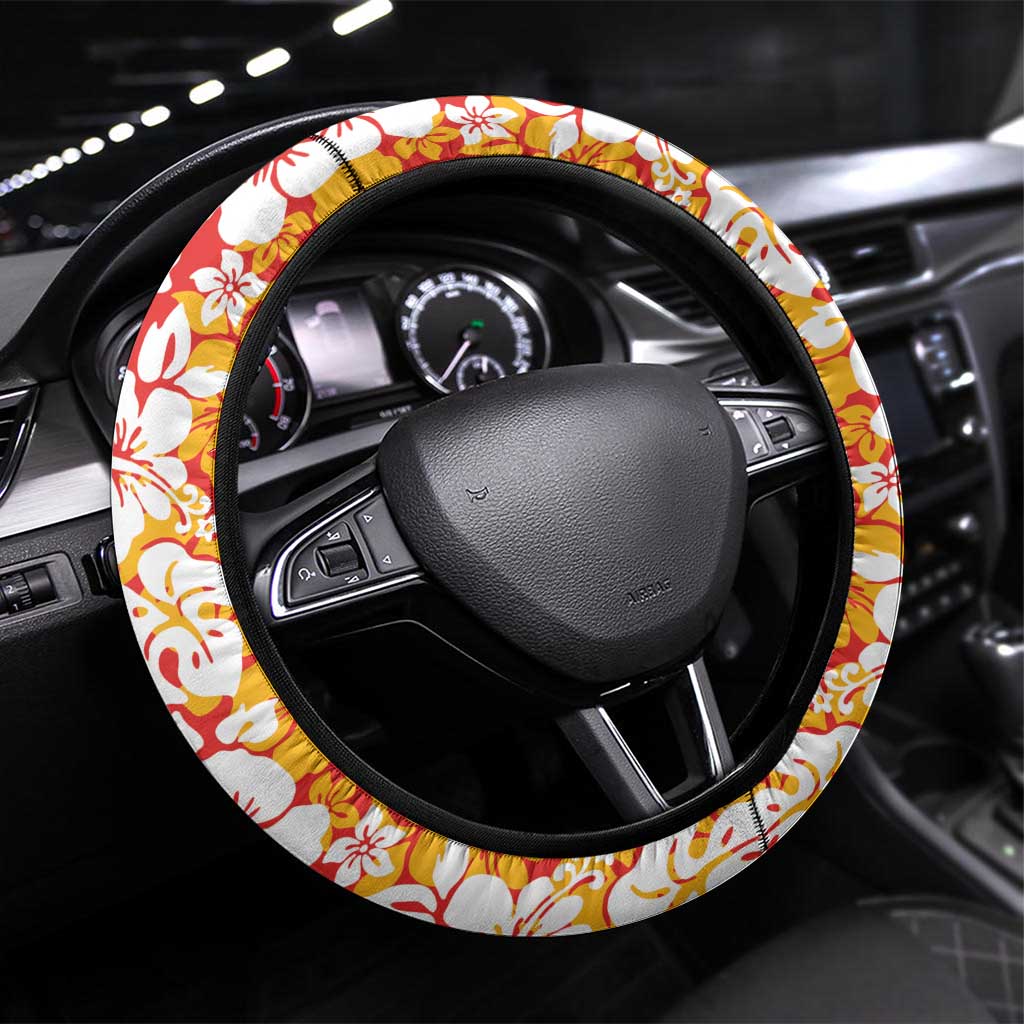 Hawaiian Lei Day Steering Wheel Cover Red Hibiscus Flowers Lei Art LT9 Universal Fit Red - Polynesian Pride