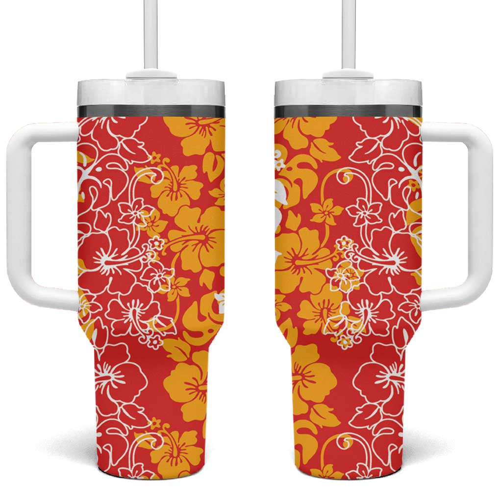 Hawaiian Lei Day Tumbler With Handle Red Hibiscus Flowers Lei Art LT9 One Size: 40 oz Red - Polynesian Pride