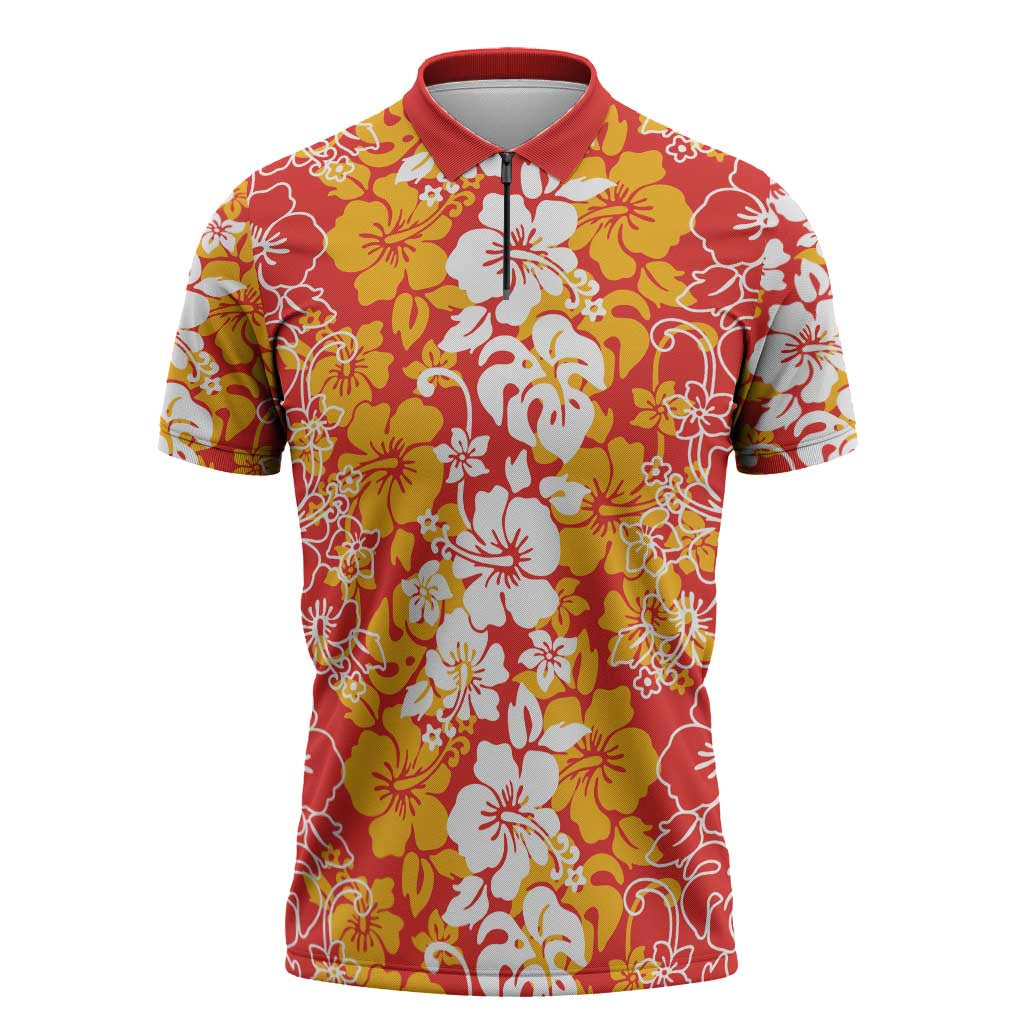 Hawaiian Lei Day Zipper Polo Shirt Red Hibiscus Flowers Lei Art LT9 Red - Polynesian Pride