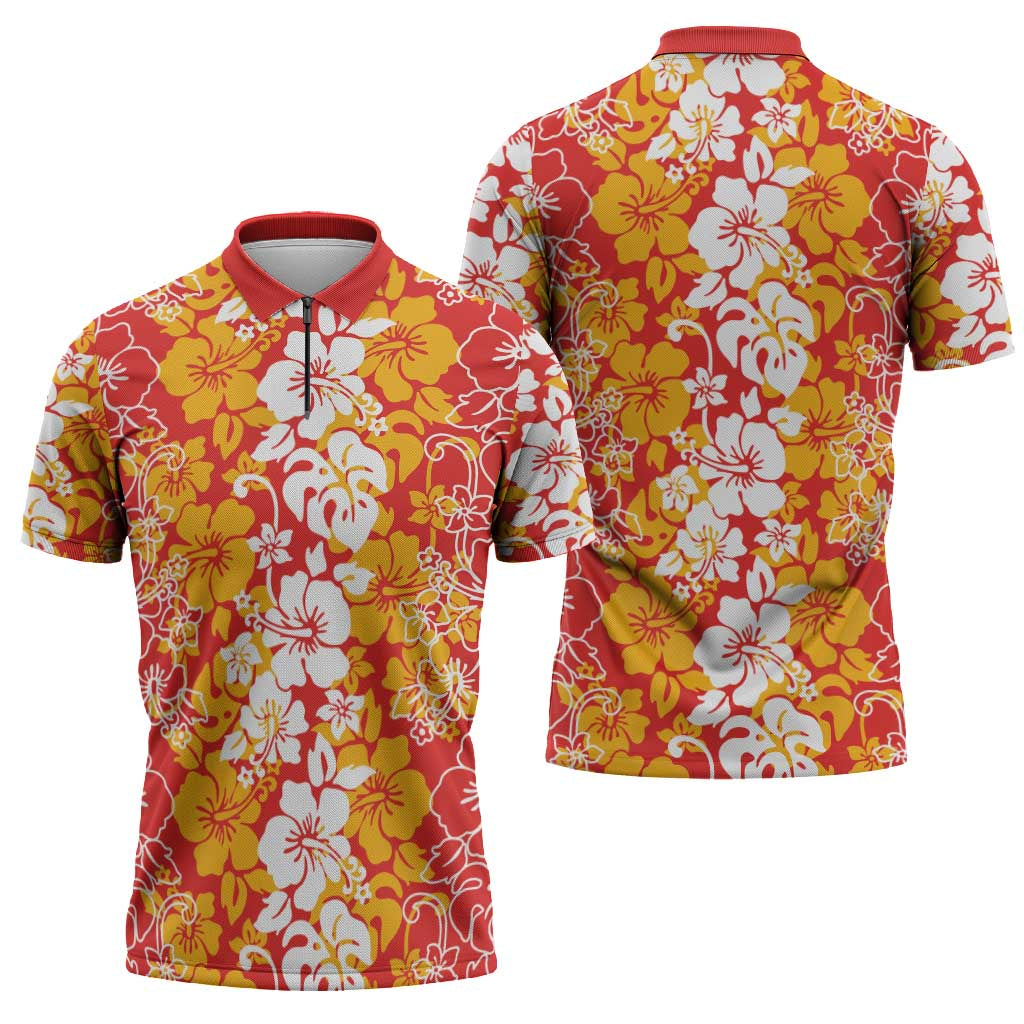 Hawaiian Lei Day Zipper Polo Shirt Red Hibiscus Flowers Lei Art LT9 - Polynesian Pride