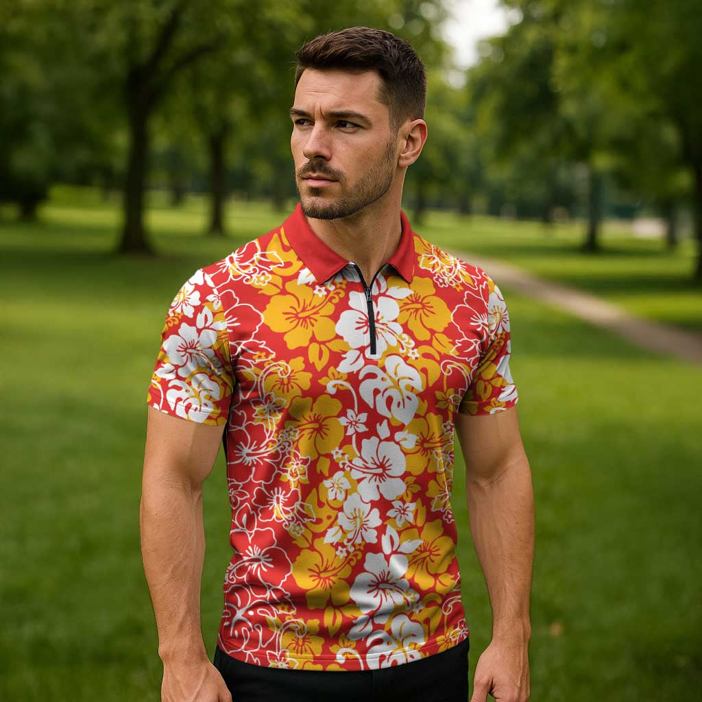 Hawaiian Lei Day Zipper Polo Shirt Red Hibiscus Flowers Lei Art LT9 - Polynesian Pride