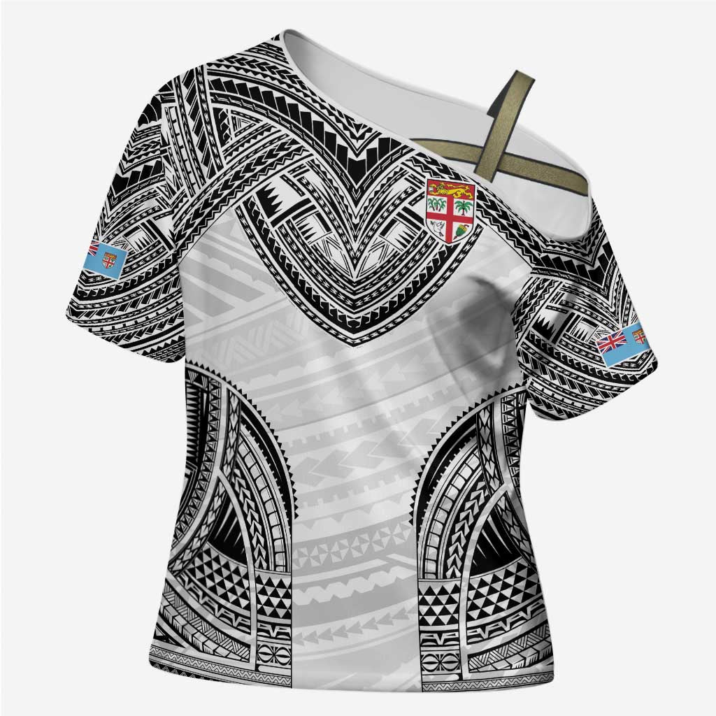 Flying Fijians Pacific Fiji Rugby Custom Cross Shoulder Shirt Polynesian Pattern LT9 Female White - Polynesian Pride
