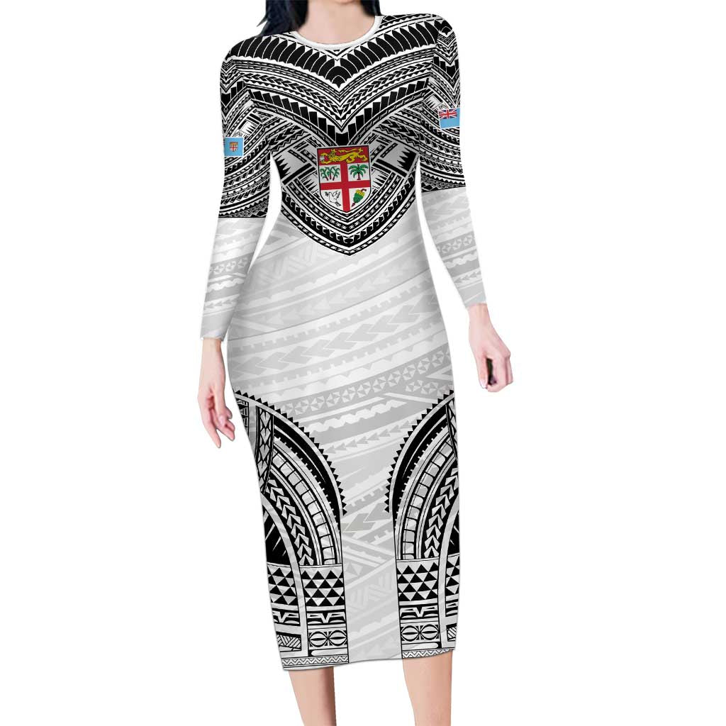 Flying Fijians Pacific Fiji Rugby Custom Long Sleeve Bodycon Dress Polynesian Pattern LT9 Long Dress White - Polynesian Pride