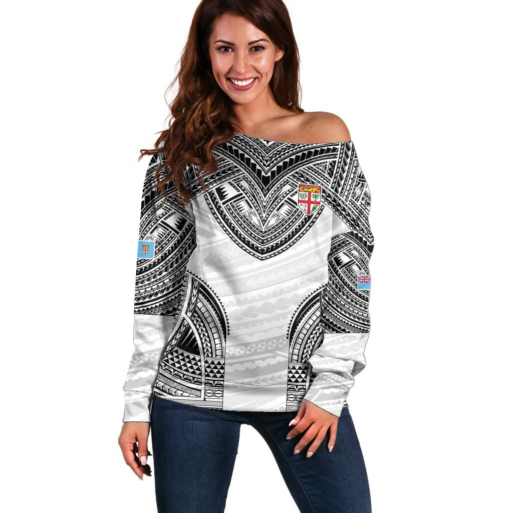 Flying Fijians Pacific Fiji Rugby Custom Off Shoulder Sweater Polynesian Pattern LT9 Women White - Polynesian Pride