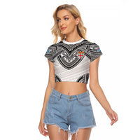 Flying Fijians Pacific Fiji Rugby Custom Raglan Cropped T Shirt Polynesian Pattern LT9 Female White - Polynesian Pride