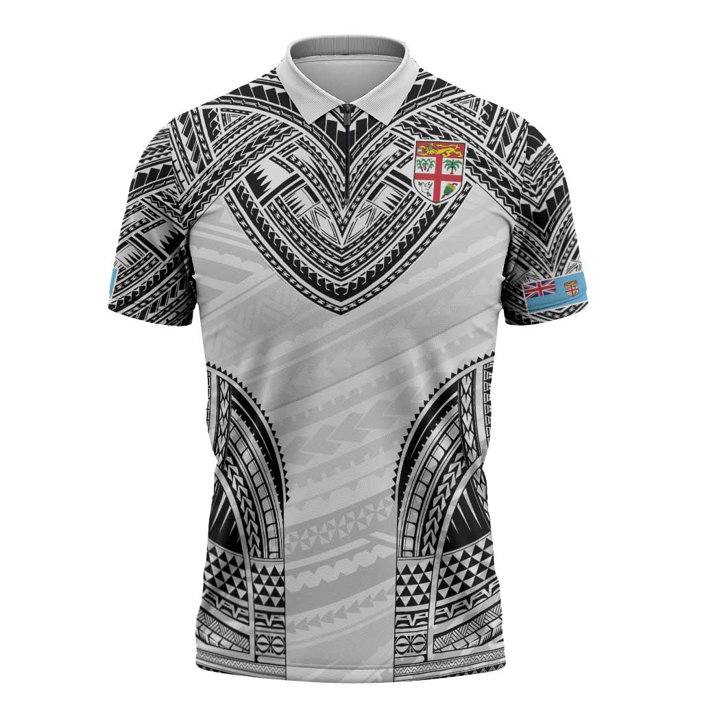 Flying Fijians Pacific Fiji Rugby Custom Zipper Polo Shirt Polynesian Pattern LT9 White - Polynesian Pride