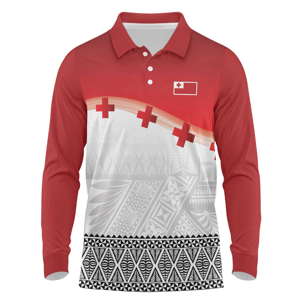 Ikale Tahi Pacific Tonga Rugby Custom Long Sleeve Polo Shirt Tongan Ngatu with Flag Pattern LT9 Red - Polynesian Pride