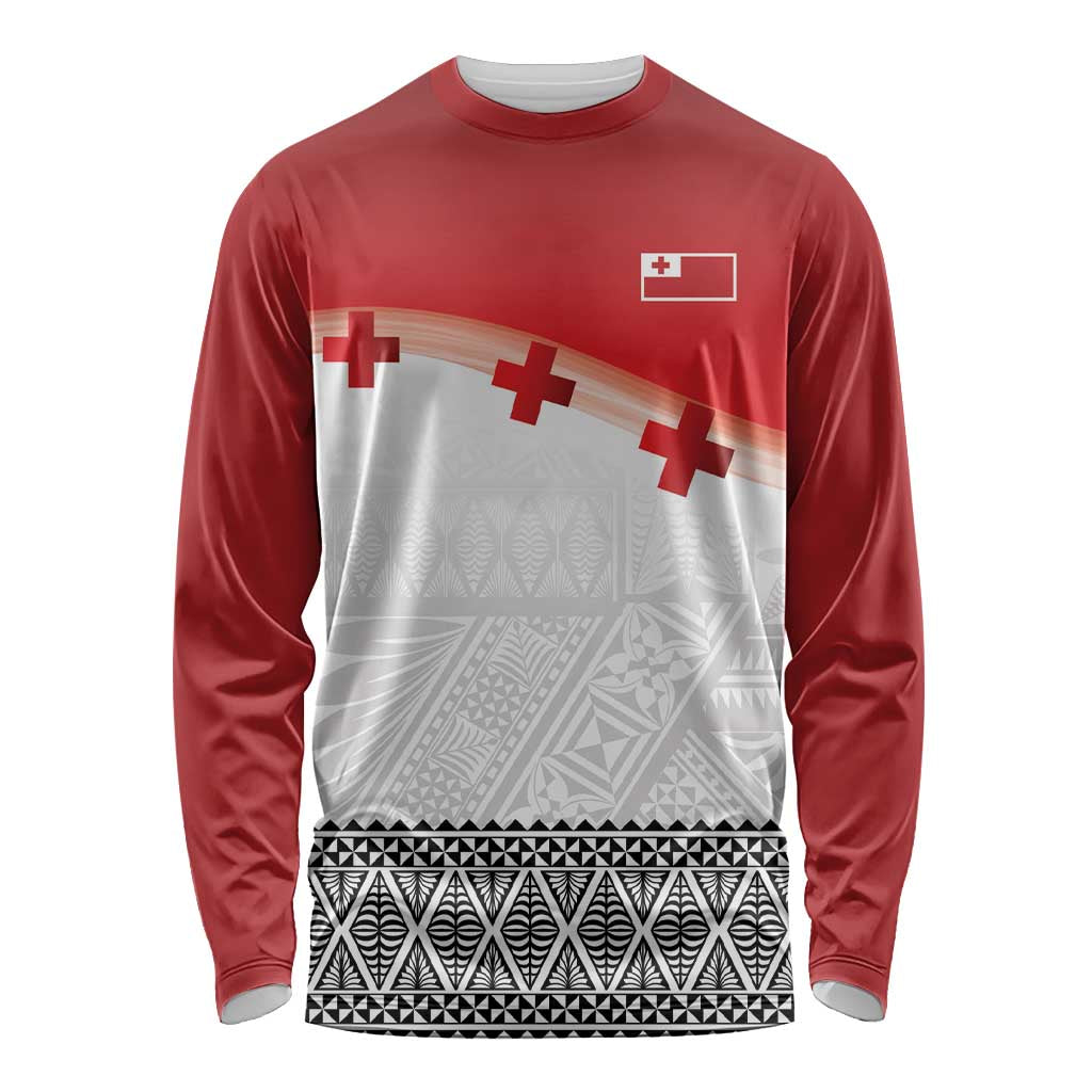 Ikale Tahi Pacific Tonga Rugby Custom Long Sleeve Shirt Tongan Ngatu with Flag Pattern LT9 Unisex Red - Polynesian Pride