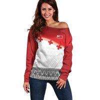 Ikale Tahi Pacific Tonga Rugby Custom Off Shoulder Sweater Tongan Ngatu with Flag Pattern LT9 Women Red - Polynesian Pride