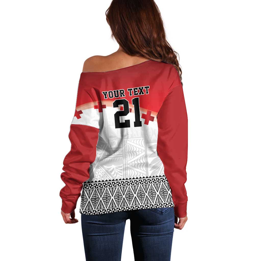 Ikale Tahi Pacific Tonga Rugby Custom Off Shoulder Sweater Tongan Ngatu with Flag Pattern LT9 - Polynesian Pride