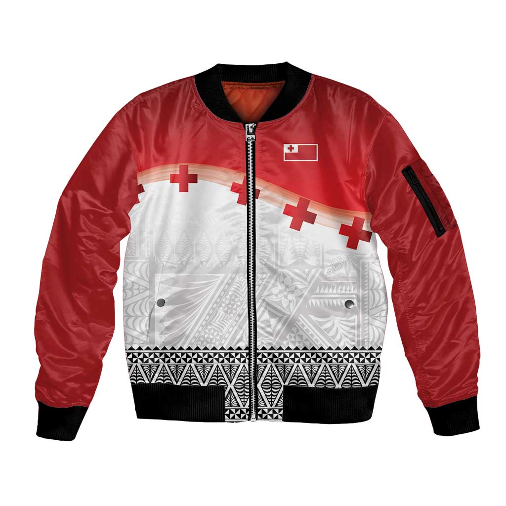 Ikale Tahi Pacific Tonga Rugby Custom Sleeve Zip Bomber Jacket Tongan Ngatu with Flag Pattern LT9 Unisex Red - Polynesian Pride