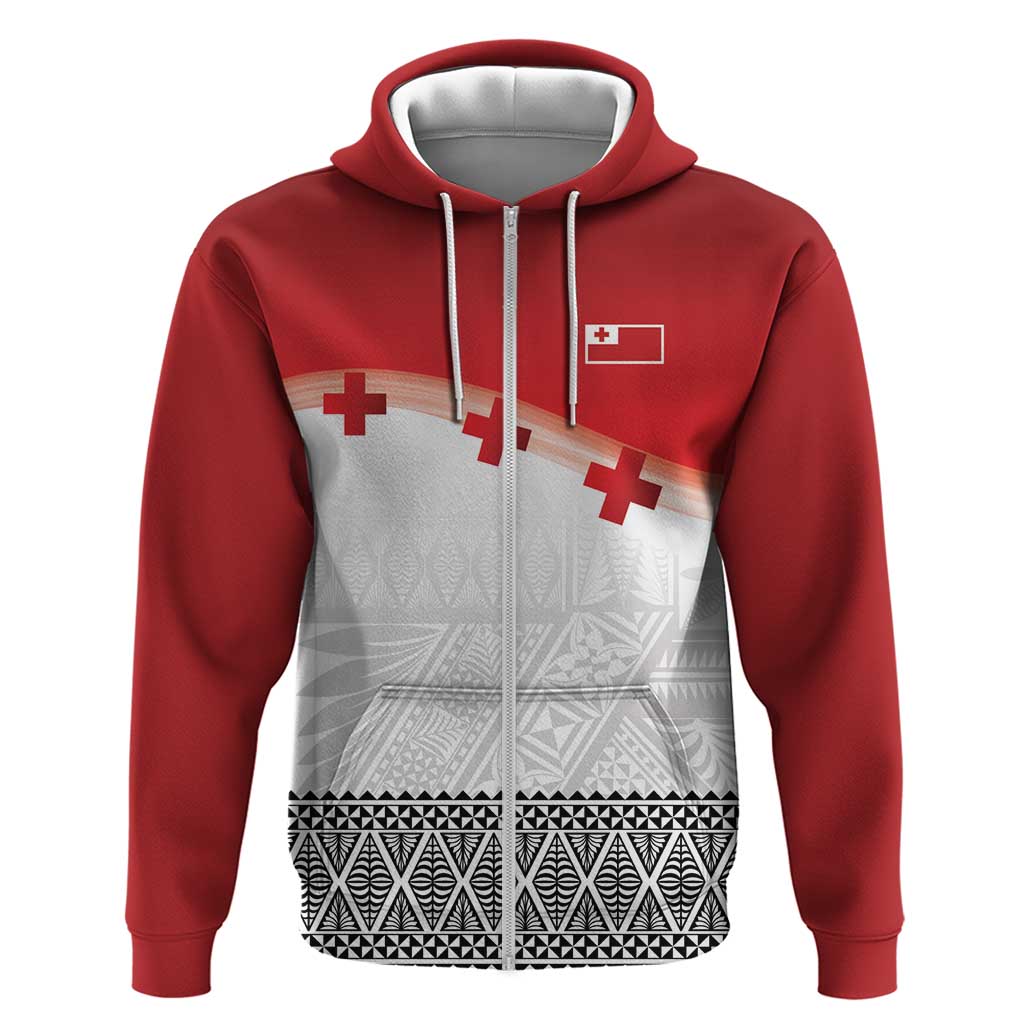 Ikale Tahi Pacific Tonga Rugby Custom Zip Hoodie Tongan Ngatu with Flag Pattern LT9 Zip Hoodie Red - Polynesian Pride