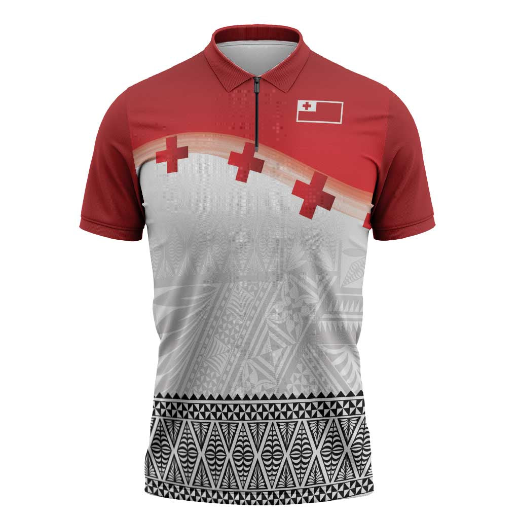 Ikale Tahi Pacific Tonga Rugby Custom Zipper Polo Shirt Tongan Ngatu with Flag Pattern LT9 Red - Polynesian Pride