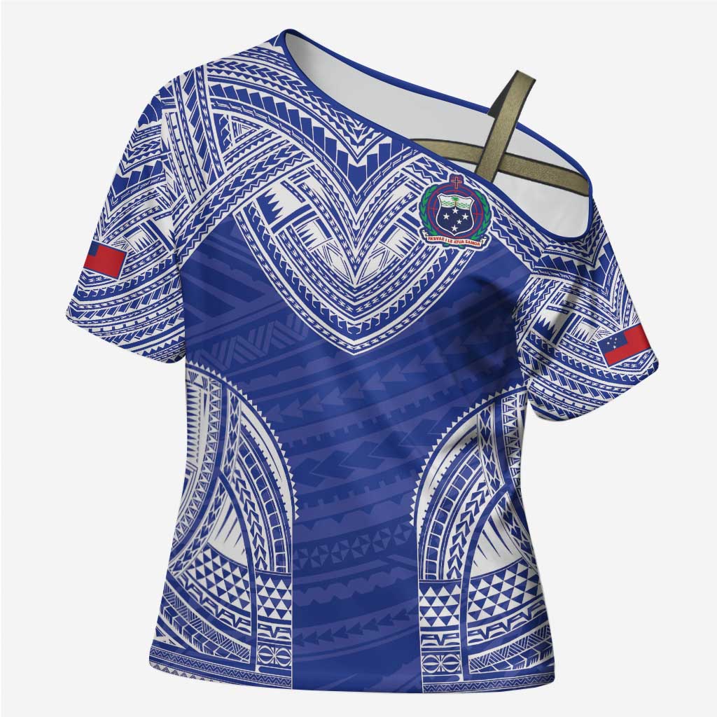 Manu Samoa Pacific Samoa Rugby Custom Cross Shoulder Shirt Polynesian Pattern LT9 Female Blue - Polynesian Pride