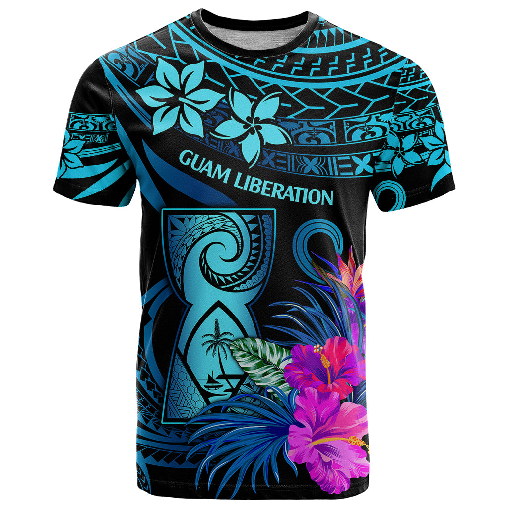 Polynesian Guam T Shirt With Latte Stone Happy Liberation Day LT9 Blue - Polynesian Pride