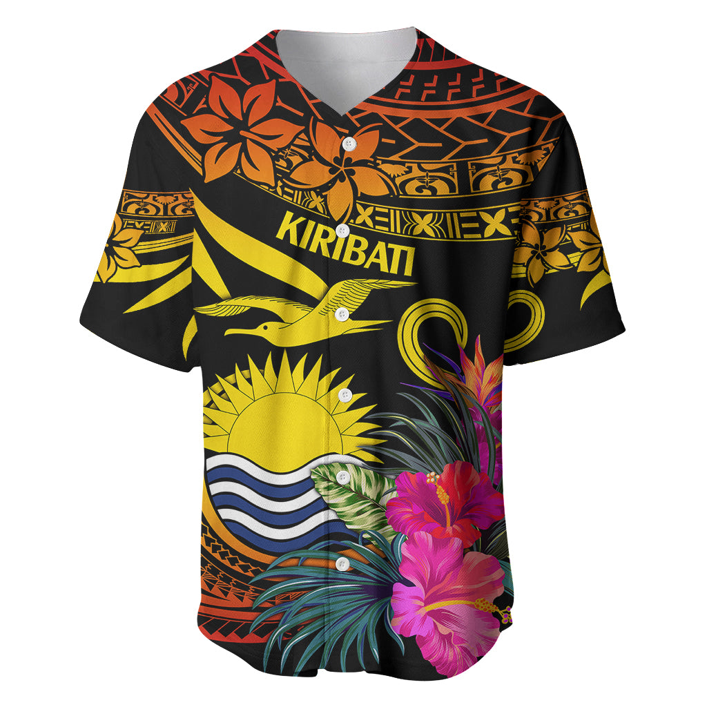 Polynesian Kiribati Independence Day Baseball Jersey Kiribati Emblem with Hibiscus Pacific Beauty LT9 Gradient Red - Polynesian Pride
