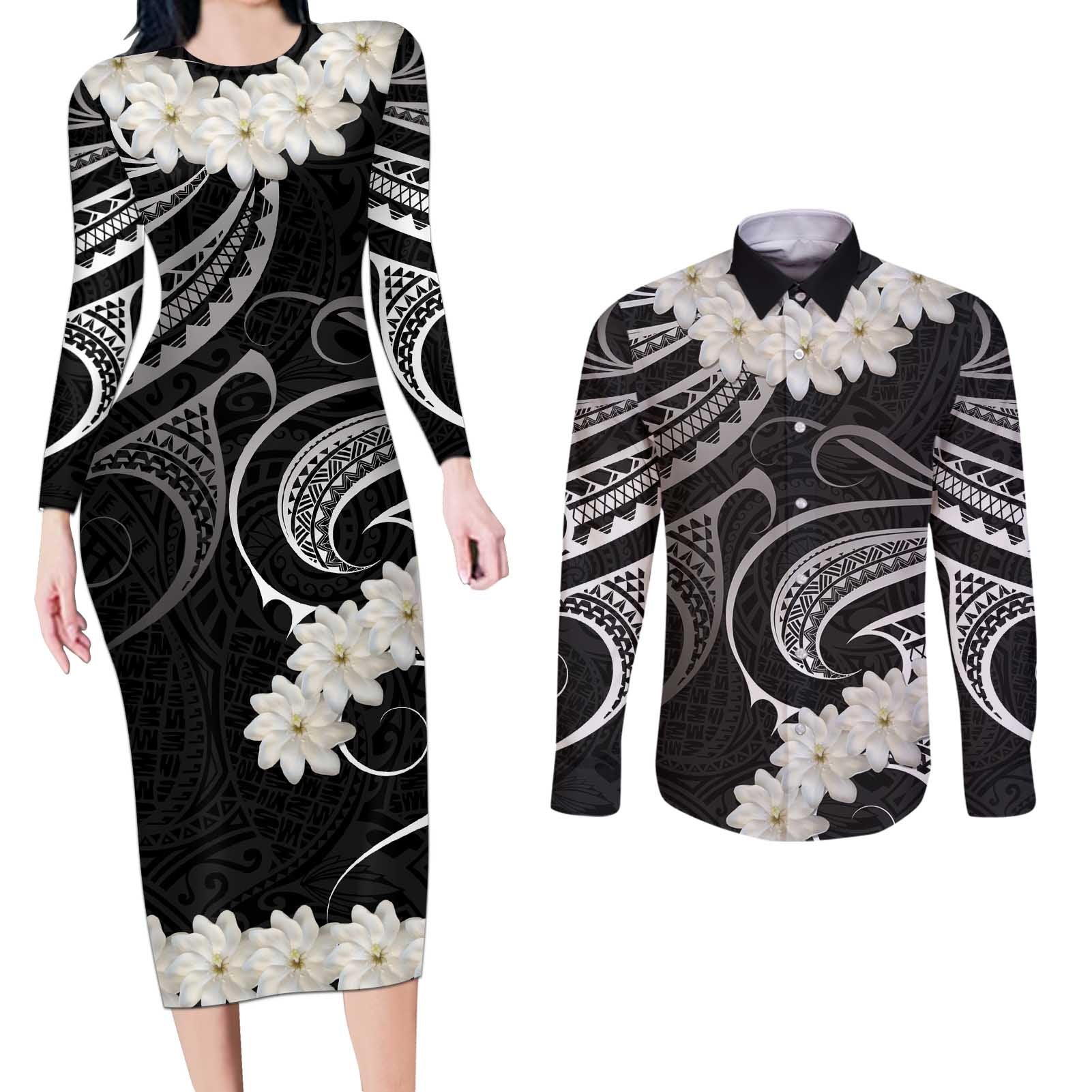 White Sunday Tokelau Gardenia Thunbergia Couples Matching Long Sleeve Bodycon Dress and Long Sleeve Button Shirt Fakamalo Atu Kia Te Koutou Uma