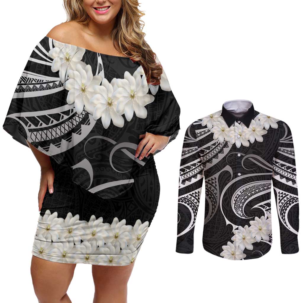 White Sunday Tokelau Gardenia Thunbergia Couples Matching Off Shoulder Short Dress and Long Sleeve Button Shirt Fakamalo Atu Kia Te Koutou Uma