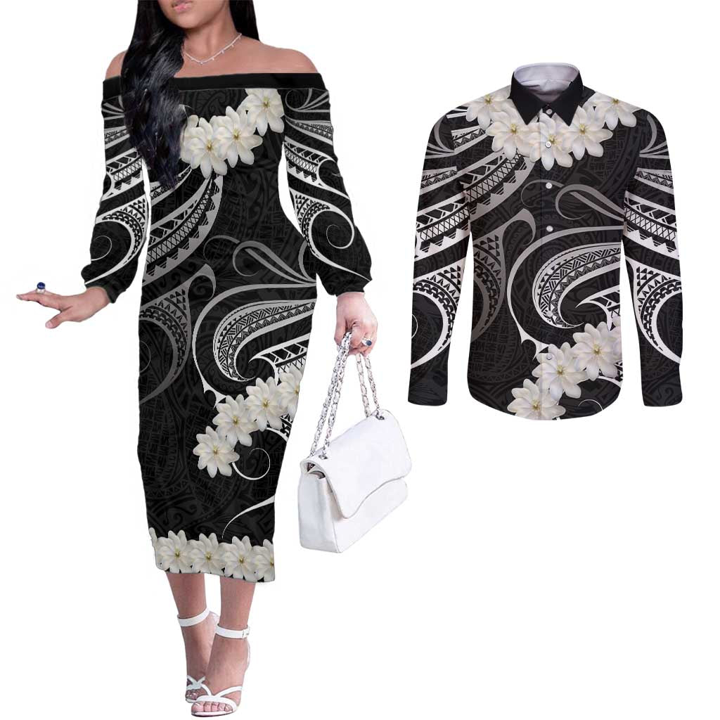 White Sunday Tokelau Gardenia Thunbergia Couples Matching Off The Shoulder Long Sleeve Dress and Long Sleeve Button Shirt Fakamalo Atu Kia Te Koutou Uma