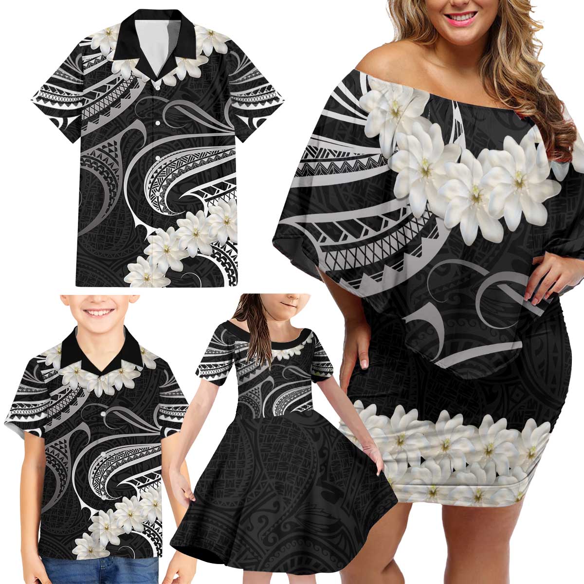 White Sunday Tokelau Gardenia Thunbergia Family Matching Off Shoulder Short Dress and Hawaiian Shirt Fakamalo Atu Kia Te Koutou Uma