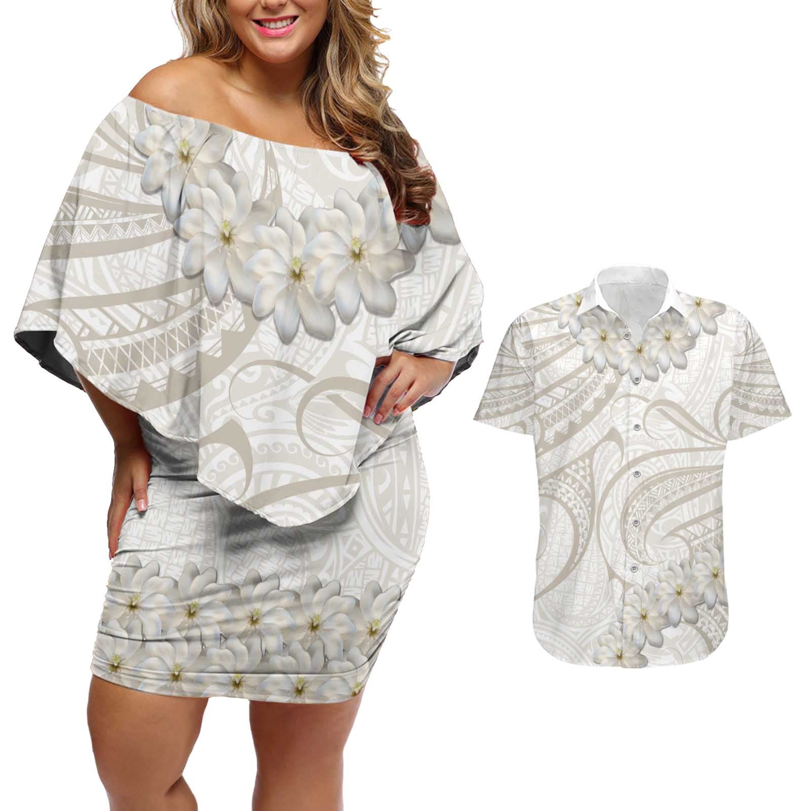 Tokelau Gardenia Thunbergia Couples Matching Off Shoulder Short Dress and Hawaiian Shirt Black Polynesian Art Vibe