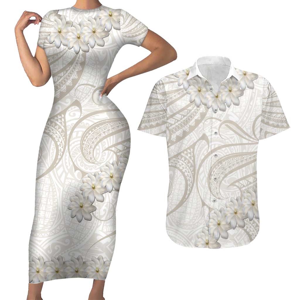 Tokelau Gardenia Thunbergia Couples Matching Short Sleeve Bodycon Dress and Hawaiian Shirt Black Polynesian Art Vibe