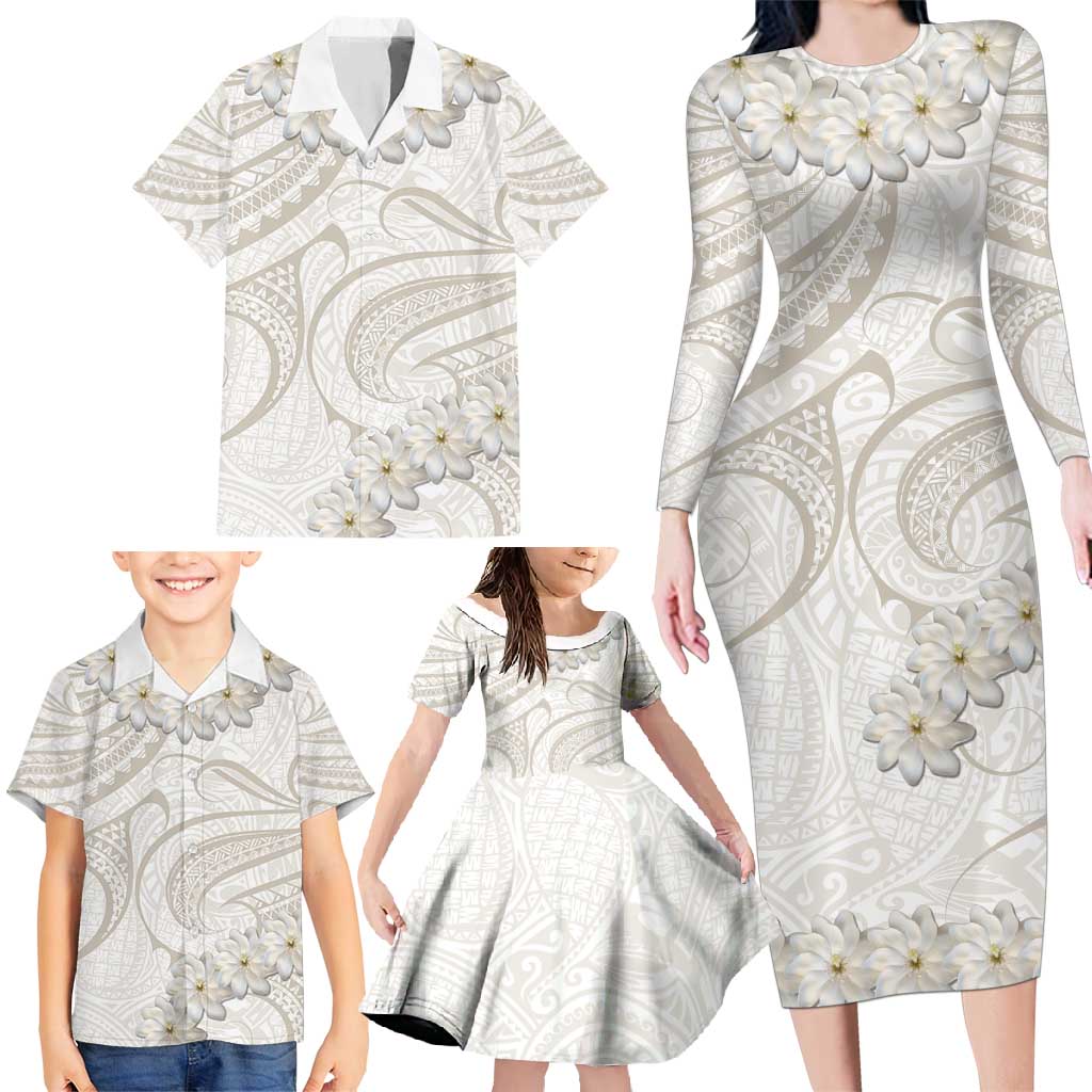 Tokelau Gardenia Thunbergia Family Matching Long Sleeve Bodycon Dress and Hawaiian Shirt Black Polynesian Art Vibe