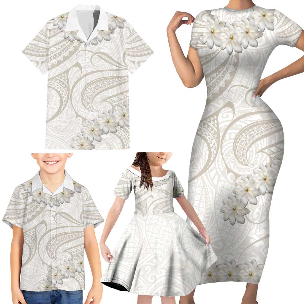 Tokelau Gardenia Thunbergia Family Matching Short Sleeve Bodycon Dress and Hawaiian Shirt Black Polynesian Art Vibe