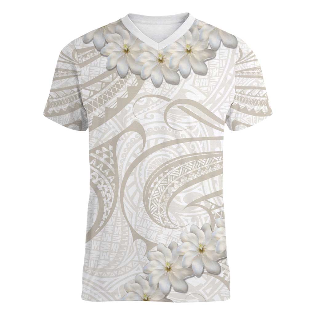 Tokelau Gardenia Thunbergia Women V-Neck T-Shirt Black Polynesian Art Vibe