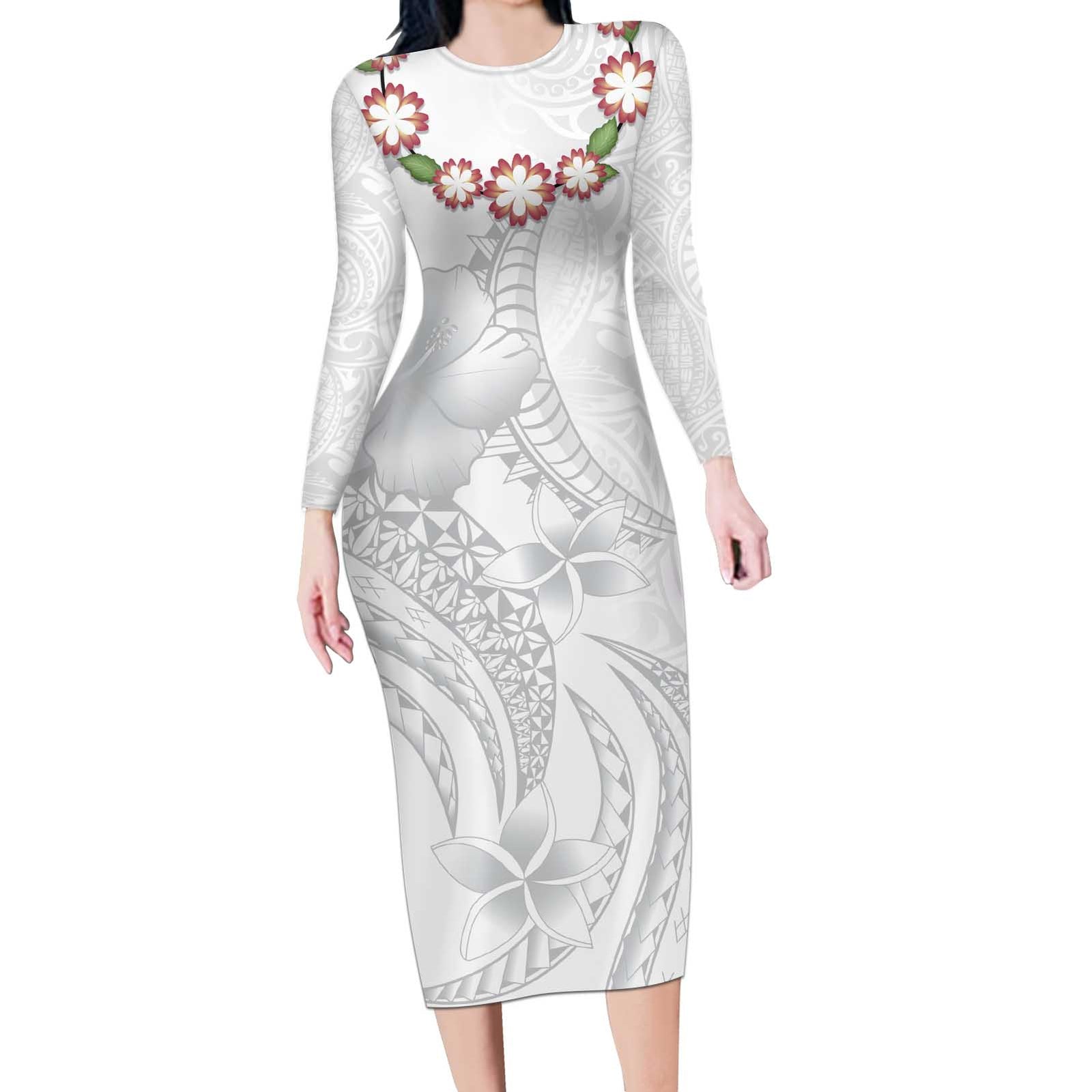 Manuia le Aso Sa o Tamaiti Tonga Long Sleeve Bodycon Dress White Sunday Heilala Lei LT9 Long Dress White - Polynesian Pride
