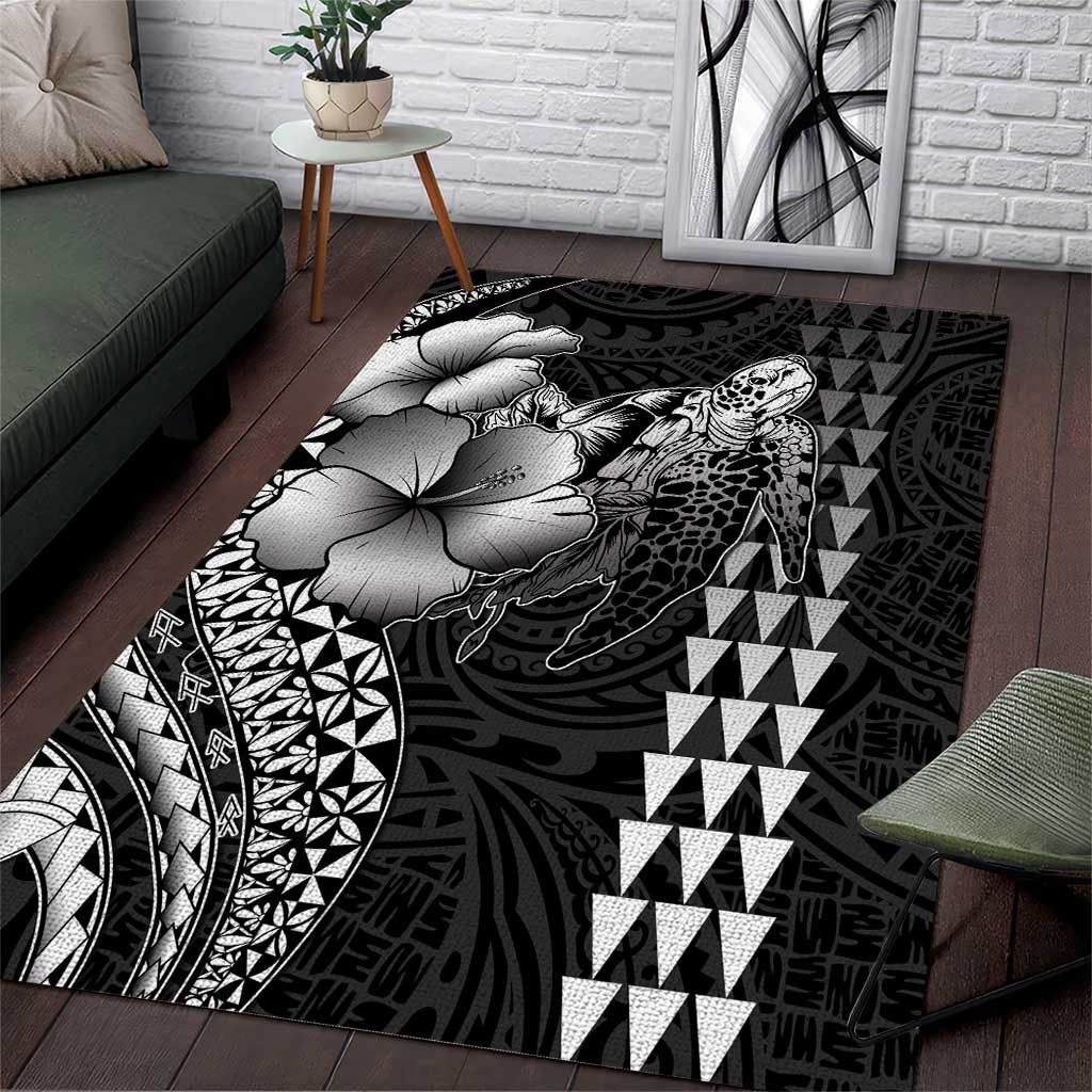 Hawaiian Sea Turtle Area Rug Black Hibiscus Flowers and Kakau Pattern LT9 Black - Polynesian Pride