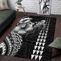 Hawaiian Sea Turtle Area Rug Black Hibiscus Flowers and Kakau Pattern LT9 Black - Polynesian Pride