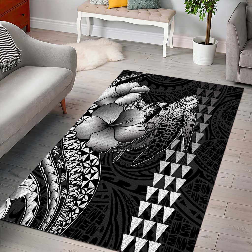 Hawaiian Sea Turtle Area Rug Black Hibiscus Flowers and Kakau Pattern LT9 - Polynesian Pride