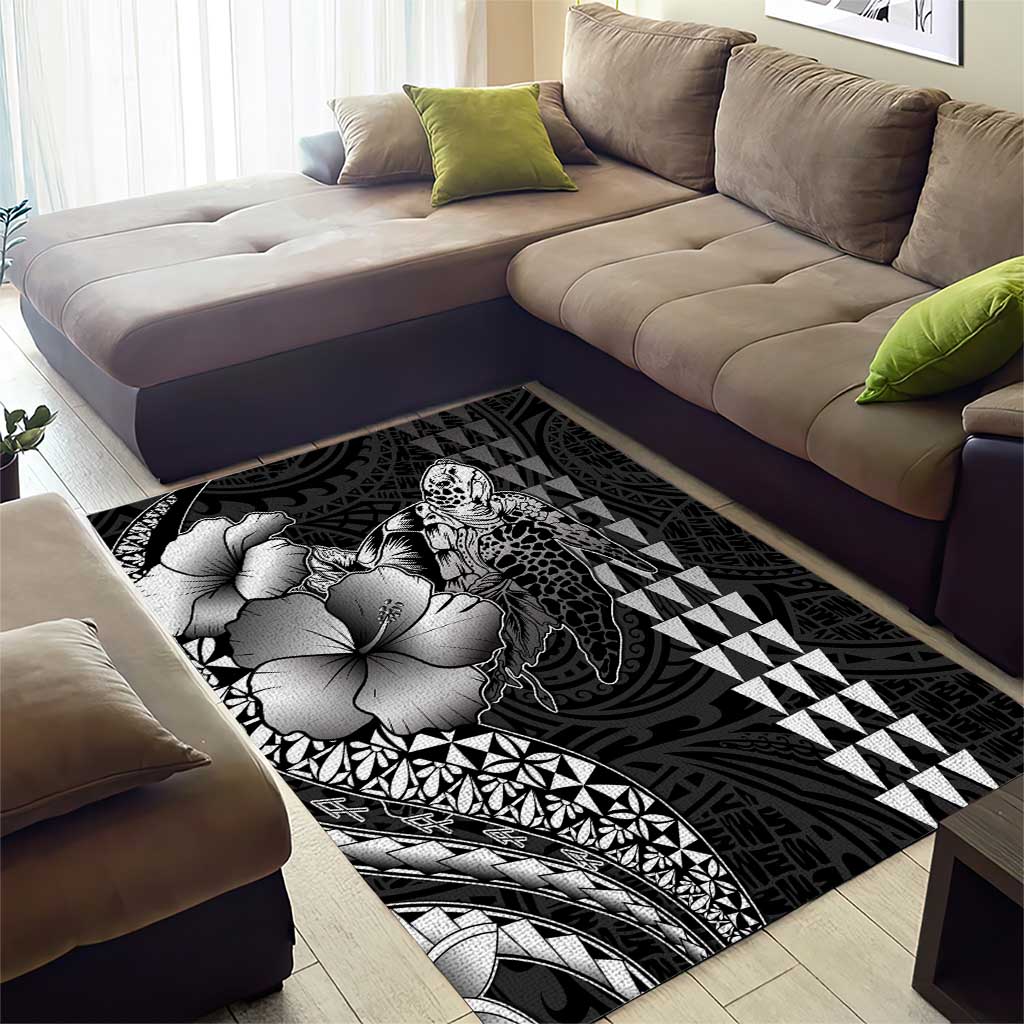 Hawaiian Sea Turtle Area Rug Black Hibiscus Flowers and Kakau Pattern LT9 - Polynesian Pride