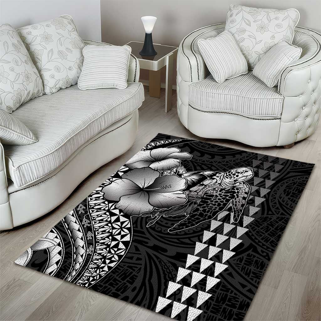 Hawaiian Sea Turtle Area Rug Black Hibiscus Flowers and Kakau Pattern LT9 - Polynesian Pride