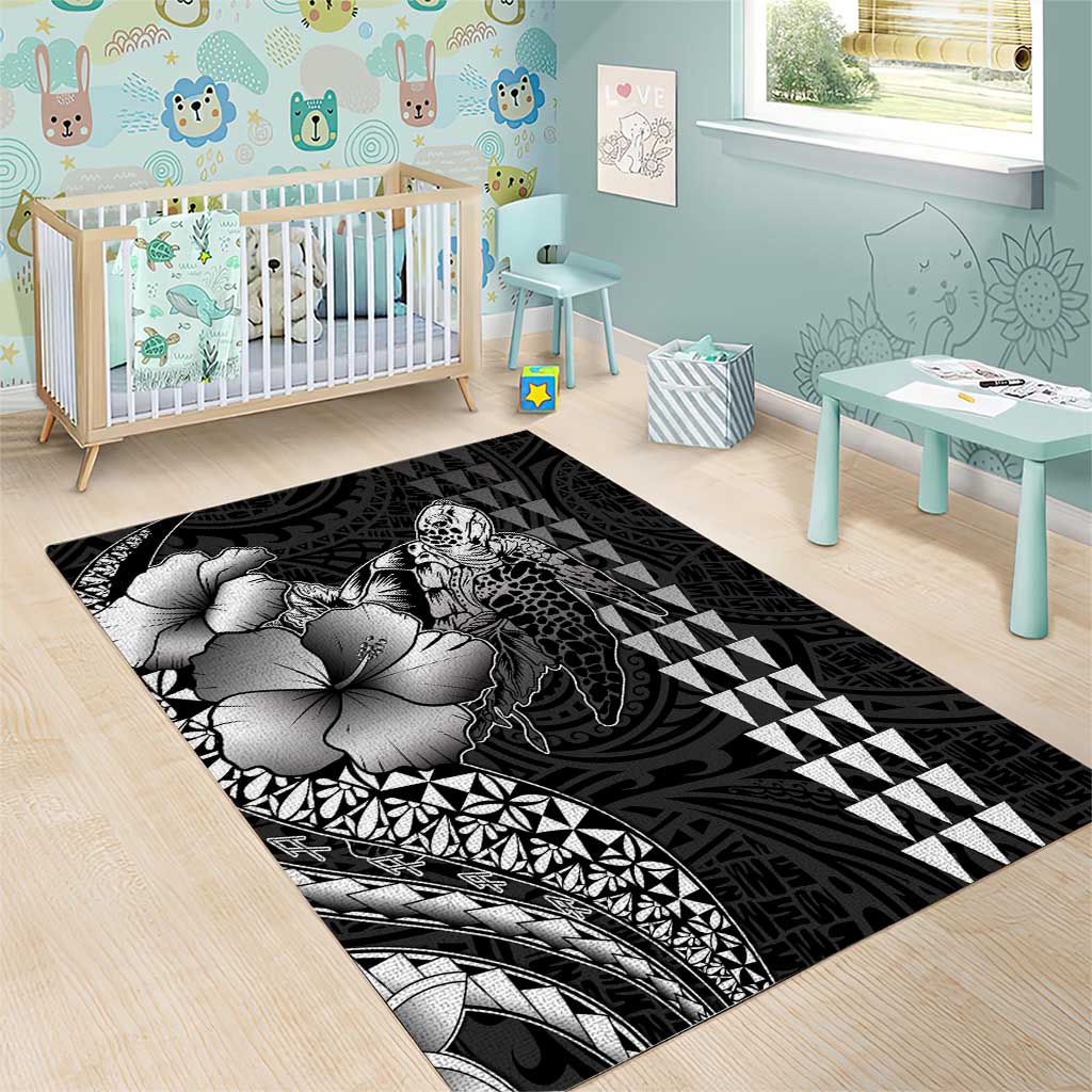 Hawaiian Sea Turtle Area Rug Black Hibiscus Flowers and Kakau Pattern LT9 - Polynesian Pride