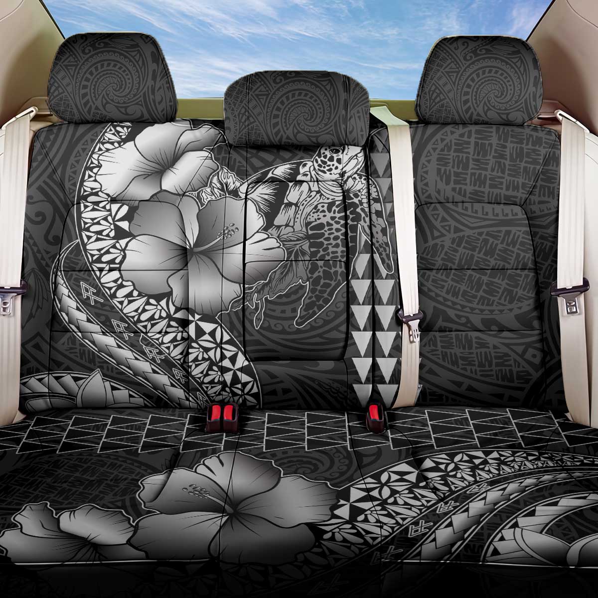 Hawaiian Sea Turtle Back Car Seat Cover Black Hibiscus Flowers and Kakau Pattern LT9 One Size Black - Polynesian Pride