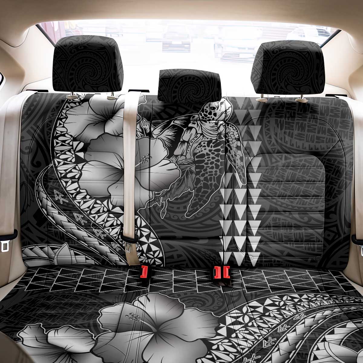 Hawaiian Sea Turtle Back Car Seat Cover Black Hibiscus Flowers and Kakau Pattern LT9 - Polynesian Pride