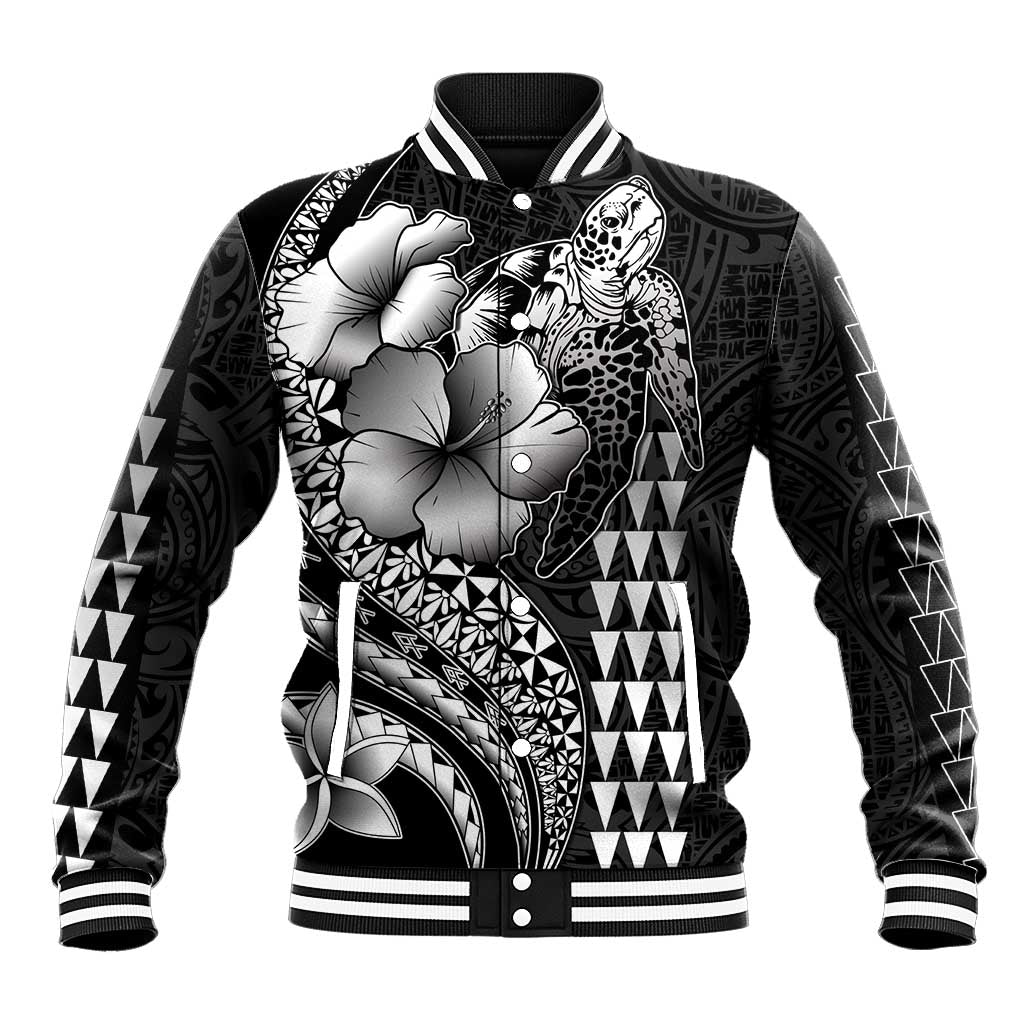 Hawaiian Sea Turtle Baseball Jacket Black Hibiscus Flowers and Kakau Pattern LT9 Unisex Black - Polynesian Pride