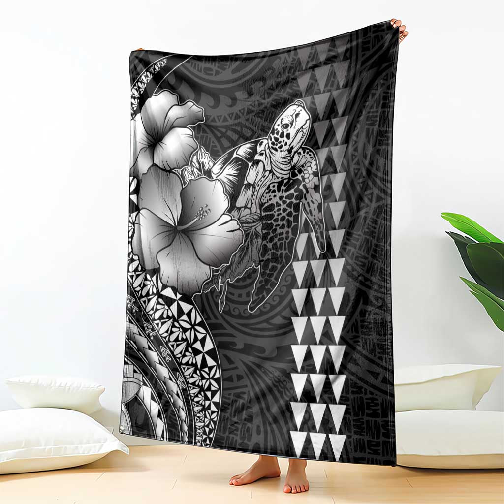 Hawaiian Sea Turtle Blanket Black Hibiscus Flowers and Kakau Pattern LT9 - Polynesian Pride
