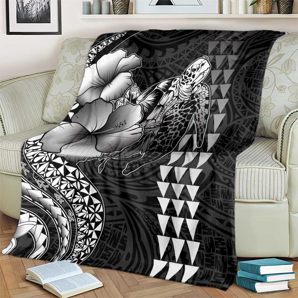 Hawaiian Sea Turtle Blanket Black Hibiscus Flowers and Kakau Pattern LT9 - Polynesian Pride