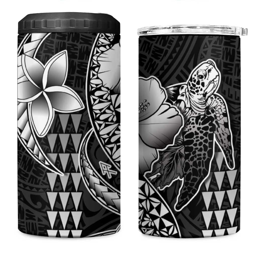 Hawaiian Sea Turtle 4 in 1 Can Cooler Tumbler Black Hibiscus Flowers and Kakau Pattern LT9 One Size: 16 oz Black - Polynesian Pride