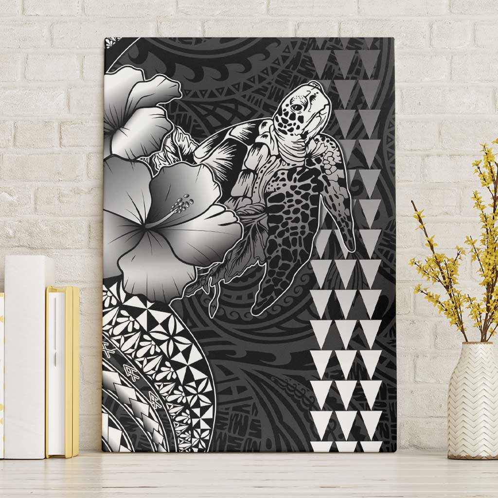 Hawaiian Sea Turtle Canvas Wall Art Black Hibiscus Flowers and Kakau Pattern LT9 Without Frame Black - Polynesian Pride