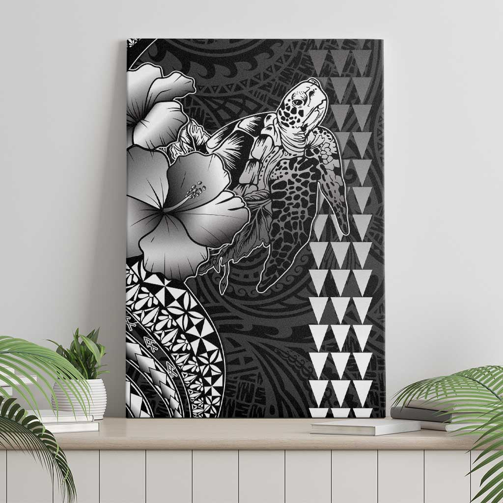 Hawaiian Sea Turtle Canvas Wall Art Black Hibiscus Flowers and Kakau Pattern LT9 - Polynesian Pride