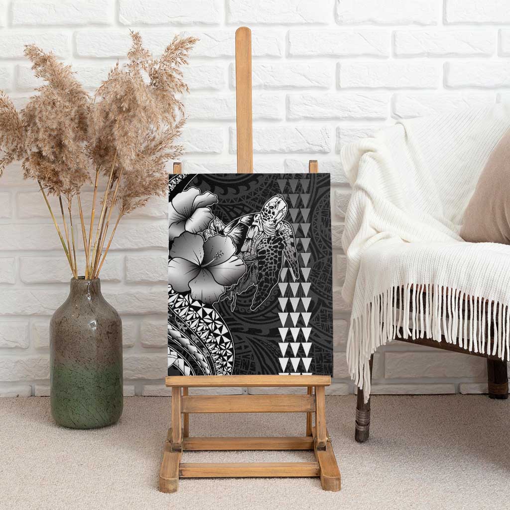 Hawaiian Sea Turtle Canvas Wall Art Black Hibiscus Flowers and Kakau Pattern LT9 - Polynesian Pride