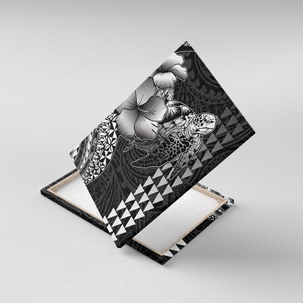 Hawaiian Sea Turtle Canvas Wall Art Black Hibiscus Flowers and Kakau Pattern LT9 With Frame Black - Polynesian Pride