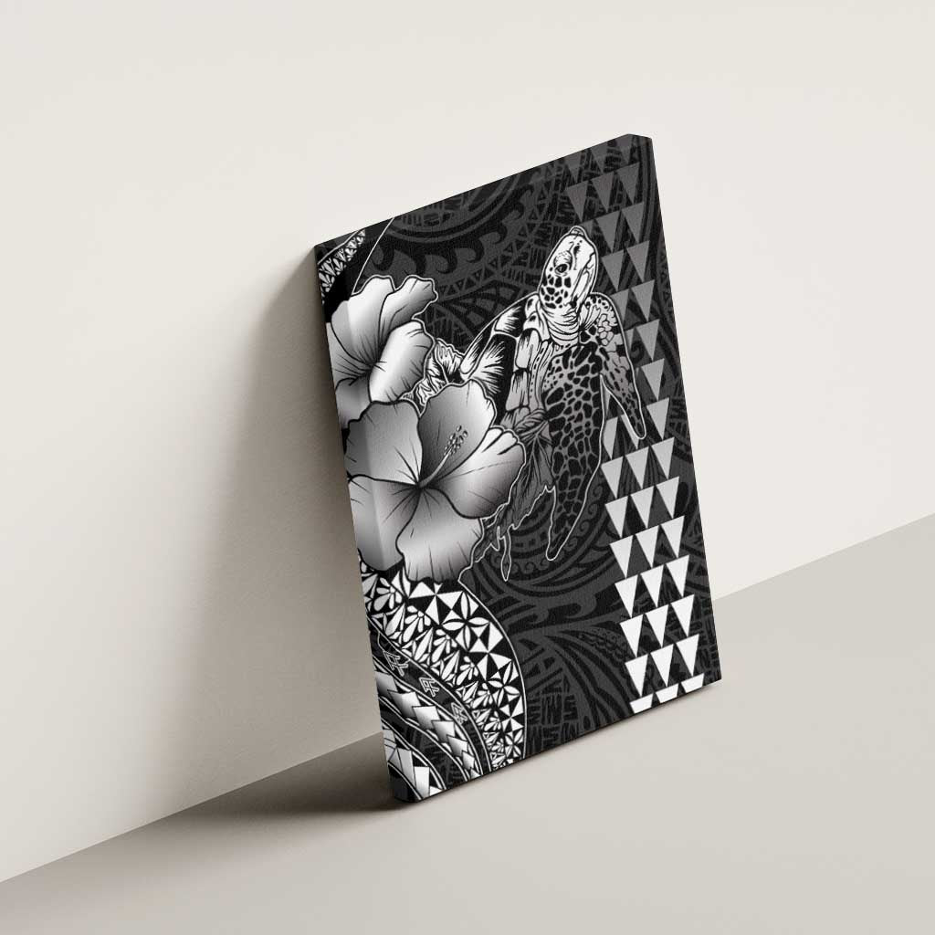 Hawaiian Sea Turtle Canvas Wall Art Black Hibiscus Flowers and Kakau Pattern LT9 - Polynesian Pride