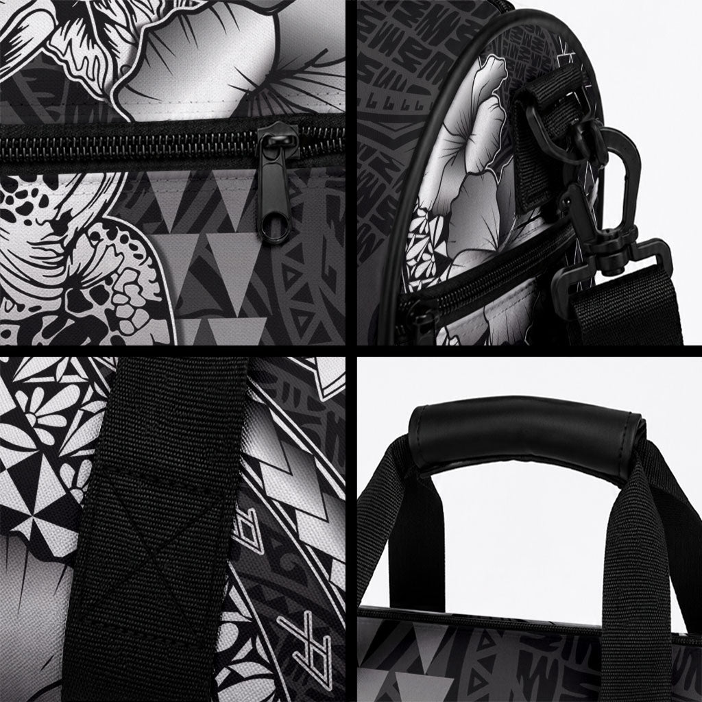 Hawaiian Sea Turtle Duffle Bag Black Hibiscus Flowers and Kakau Pattern LT9 - Polynesian Pride
