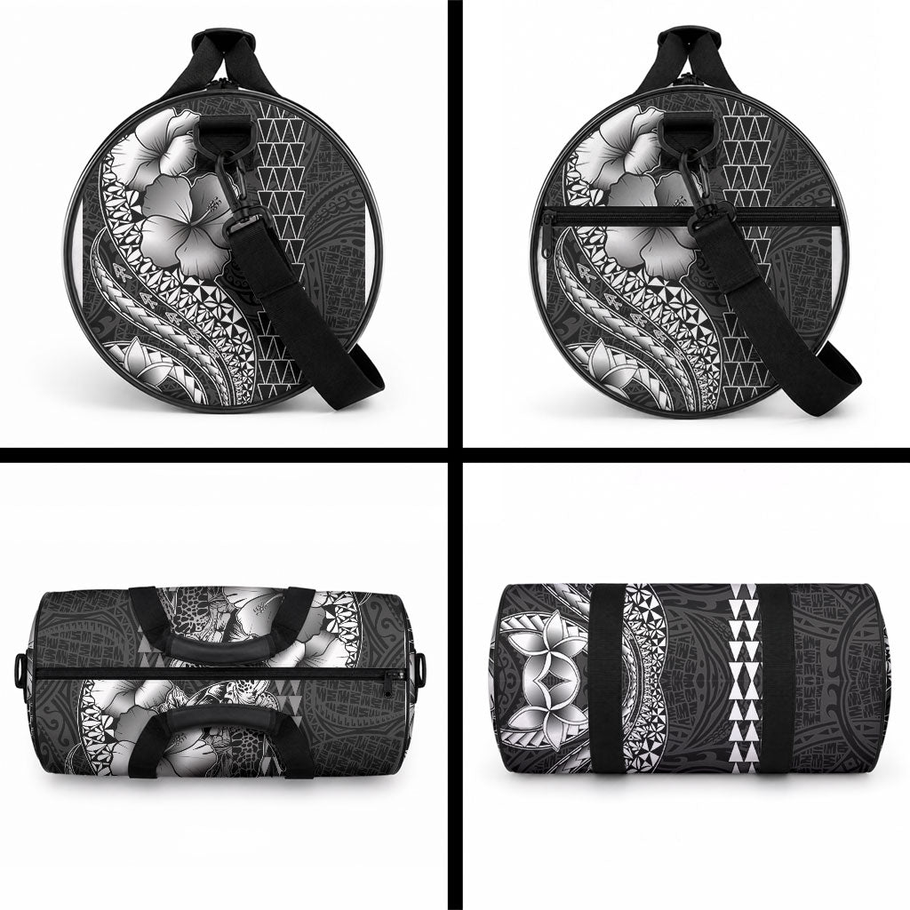 Hawaiian Sea Turtle Duffle Bag Black Hibiscus Flowers and Kakau Pattern LT9 - Polynesian Pride