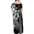 Hawaiian Sea Turtle Family Matching Off Shoulder Maxi Dress and Hawaiian Shirt Black Hibiscus Flowers and Kakau Pattern